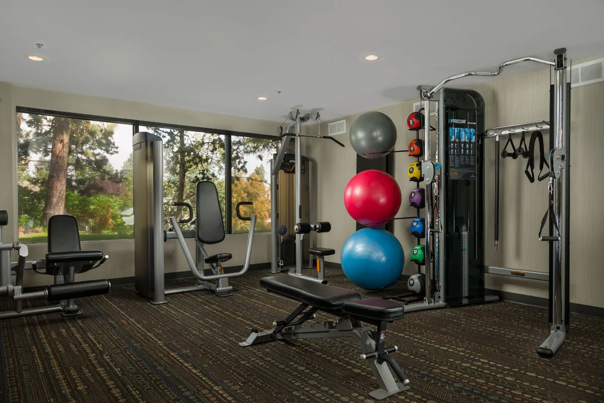This image shows a bright, modern fitness center featuring a range of exercise equipment, exercise balls, and expansive windows that offer stunning river views. The natural light and open space create an inviting environment for workouts.